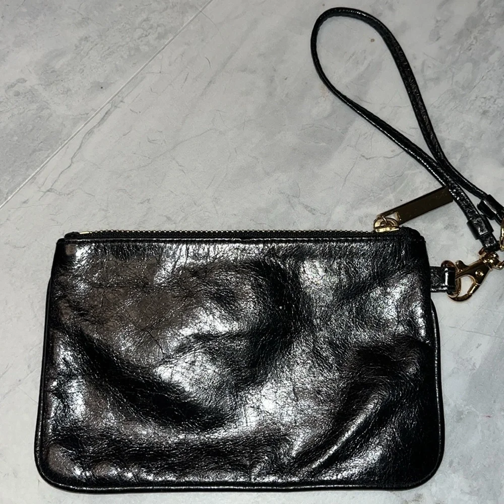 Tory Burch Wristlet wallet Black genuine crinkled leather  Gold tone accents EUC